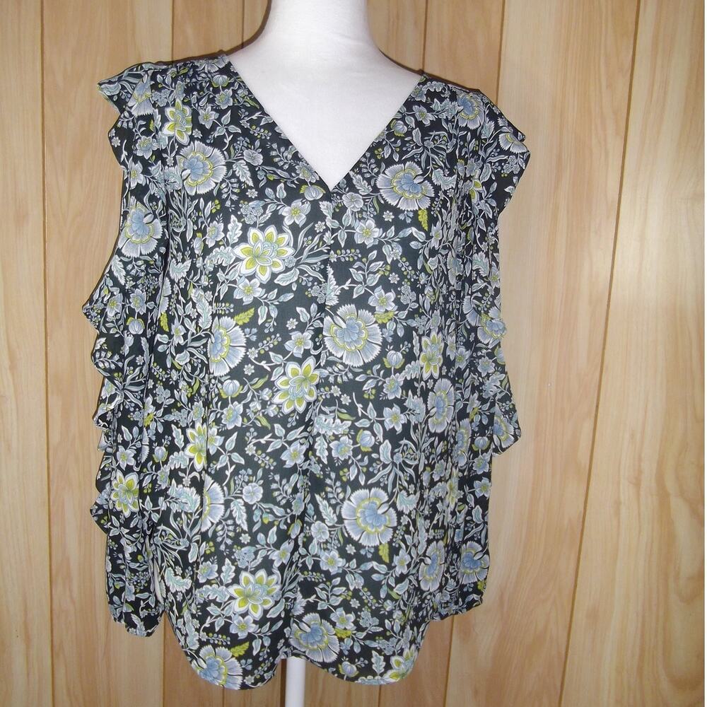 LOFT Boho Floral Ruffle V-Neck Long Sleeve Blouse Navy Blue Green XS